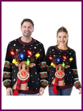 Ugly Christmas Sweater LED Light Up Pullover Crew Neck Loose Fit